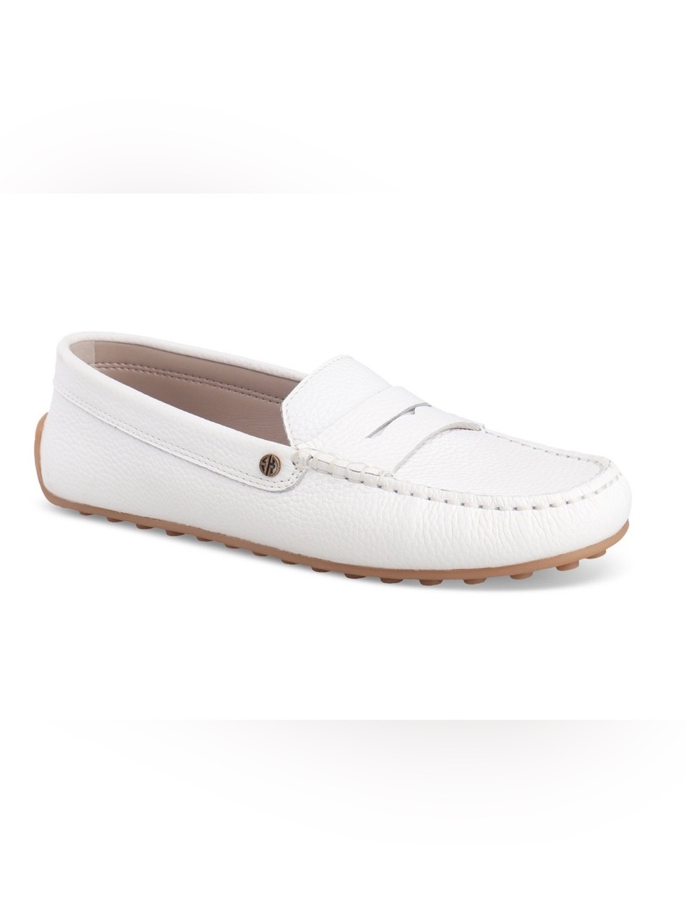 Giani Bernini White Leather Penny Loafers with Tan Rubber Sole Size 10